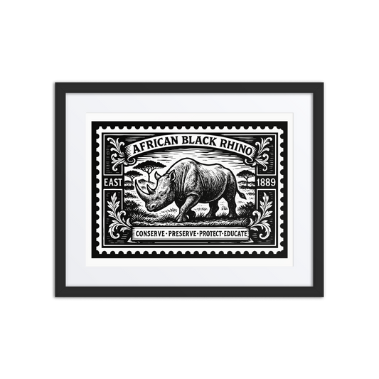 Linocut-style stamp illustration of an African Black Rhino walking across the East African savannah, surrounded by engraved botanical flourishes and conservation-themed text.