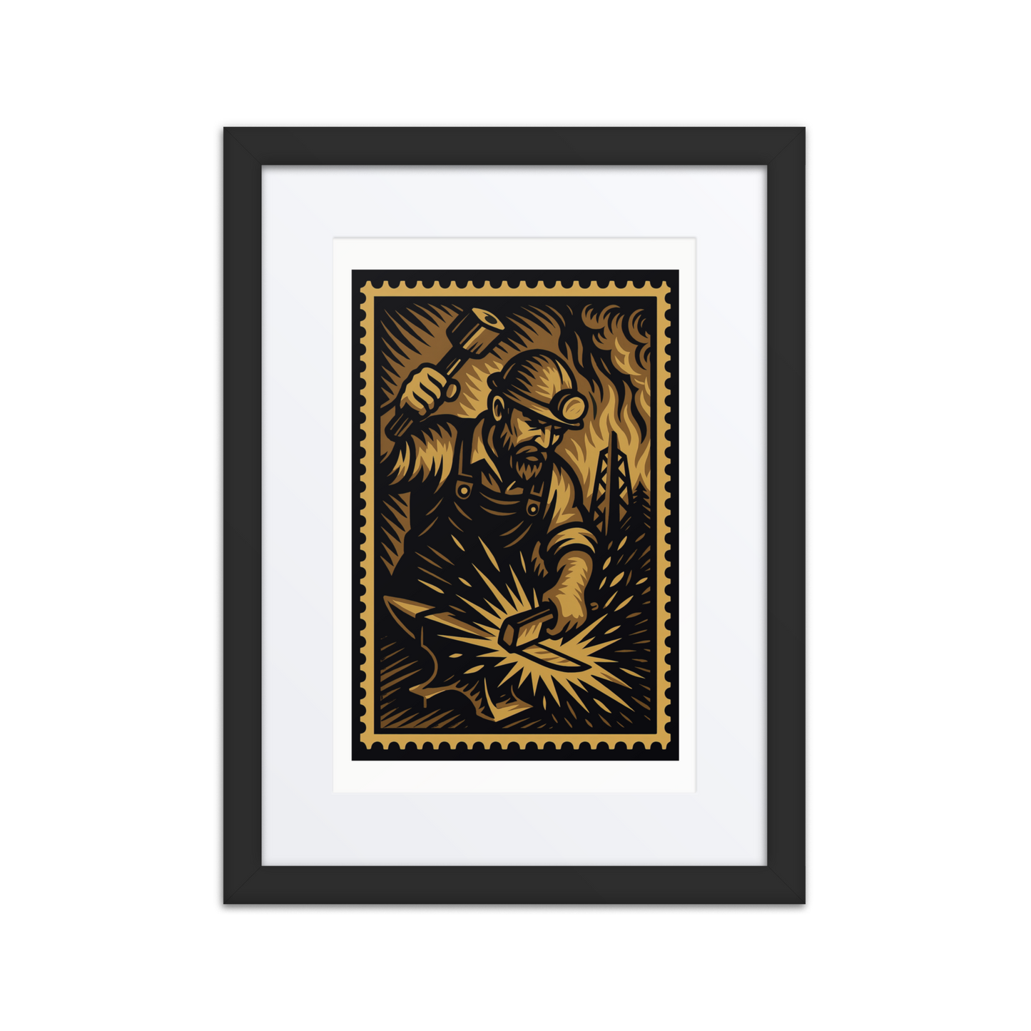 Linocut-style stamp illustration of a blacksmith hammering hot metal on an anvil, surrounded by fire, smoke, and forge tools in vintage sepia tones.