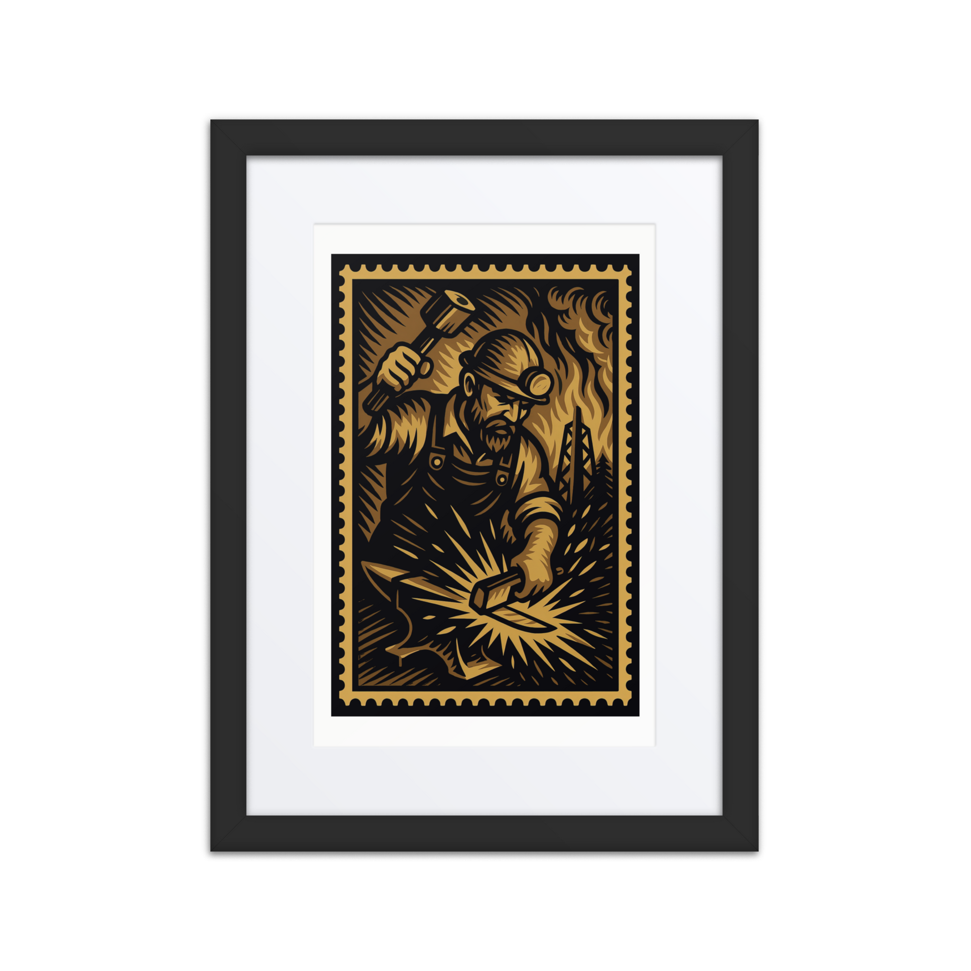 Linocut-style stamp illustration of a blacksmith hammering hot metal on an anvil, surrounded by fire, smoke, and forge tools in vintage sepia tones.