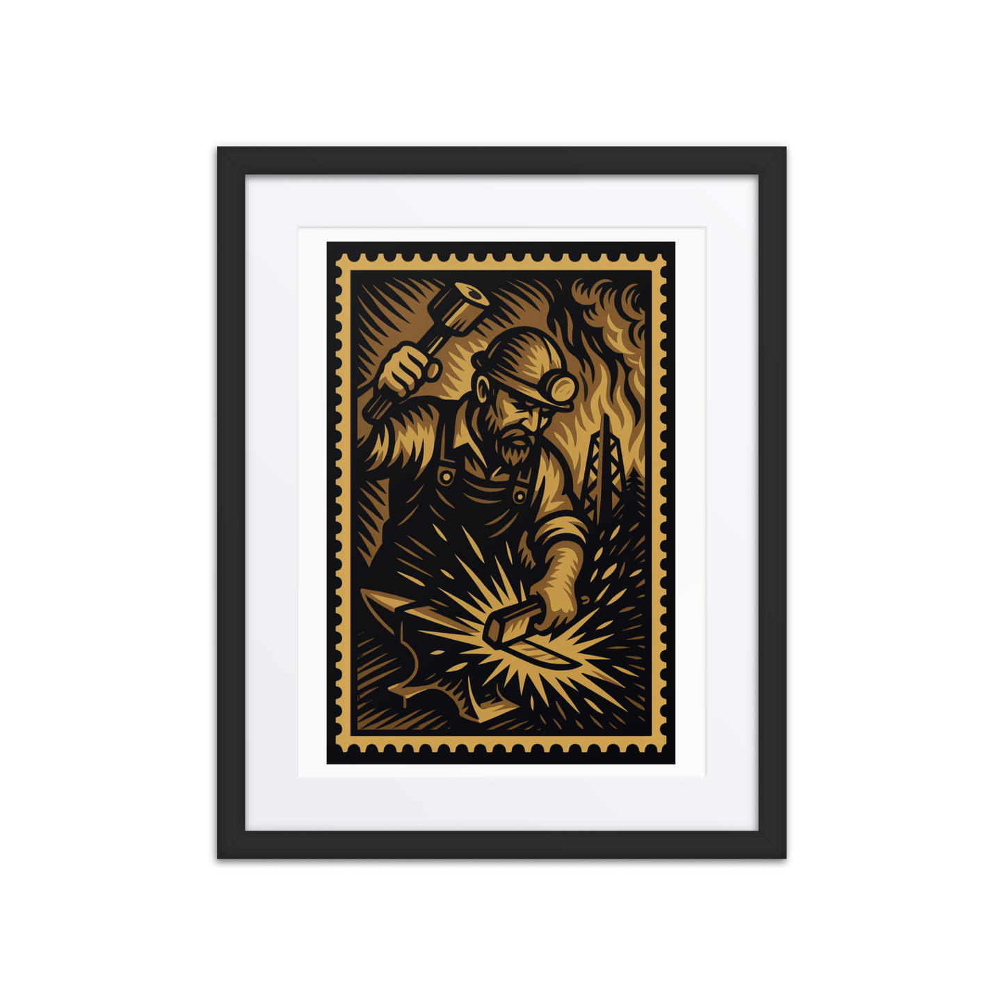 Linocut-style stamp illustration of a blacksmith hammering hot metal on an anvil, surrounded by fire, smoke, and forge tools in vintage sepia tones.