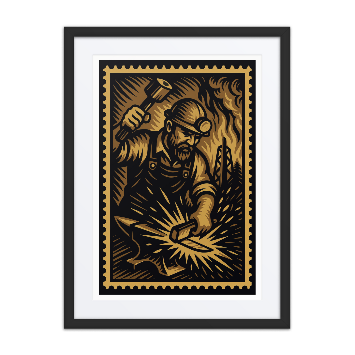 Linocut-style stamp illustration of a blacksmith hammering hot metal on an anvil, surrounded by fire, smoke, and forge tools in vintage sepia tones.