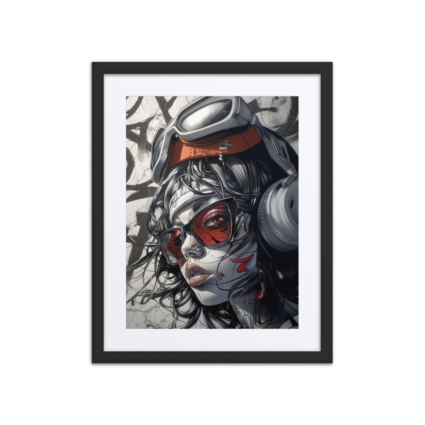 Blade – A hand-painted street art portrait of a rebellious woman in goggles and headphones, featuring graffiti elements and bold red highlights.