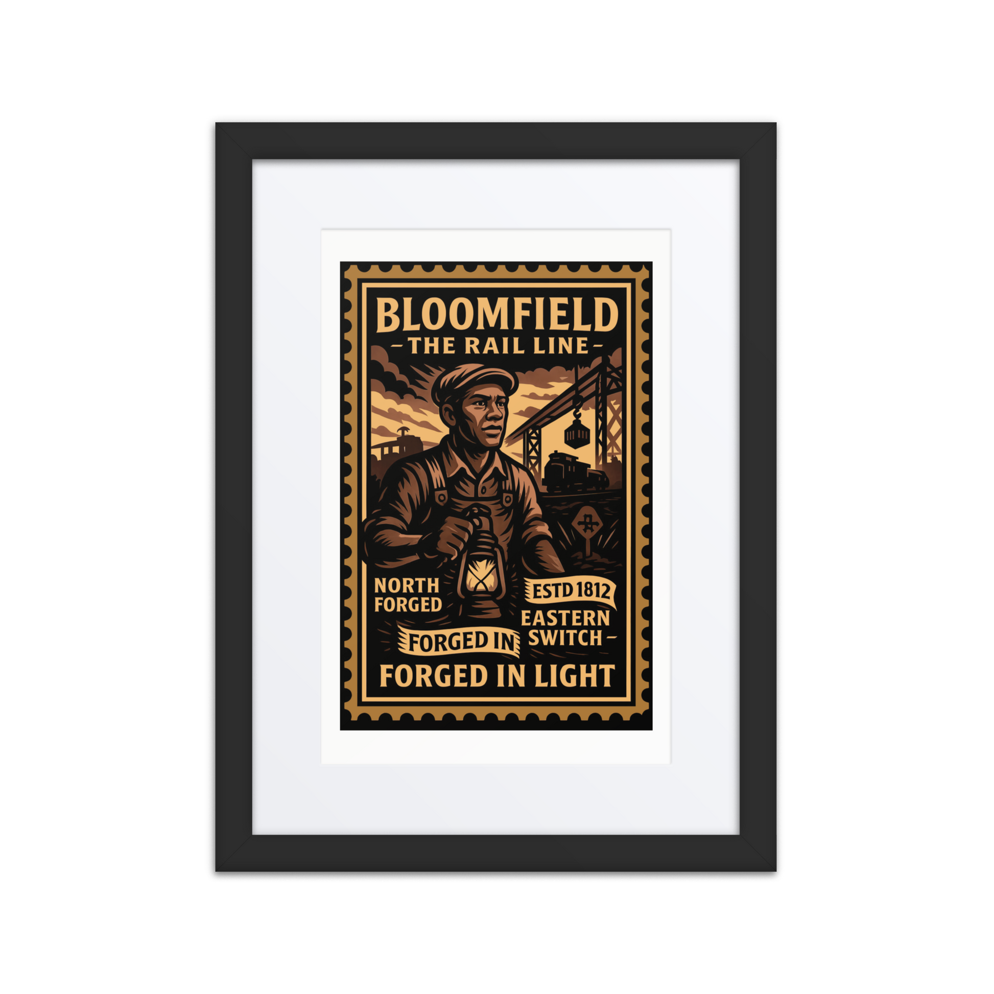 Vintage linocut-style print of a Bloomfield machinist operating a lathe, surrounded by flames and factory silhouettes.