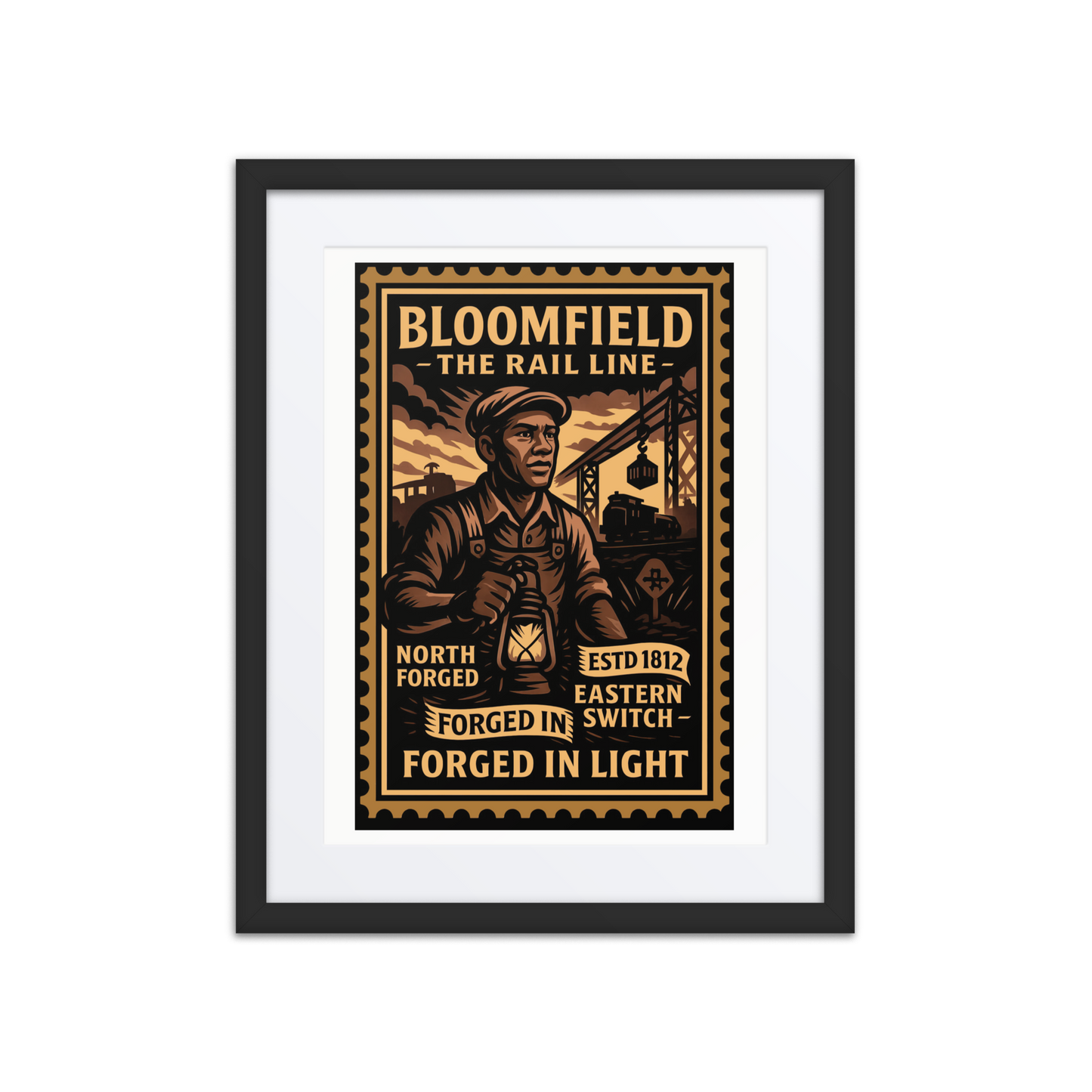 Vintage linocut-style print of a Bloomfield machinist operating a lathe, surrounded by flames and factory silhouettes.