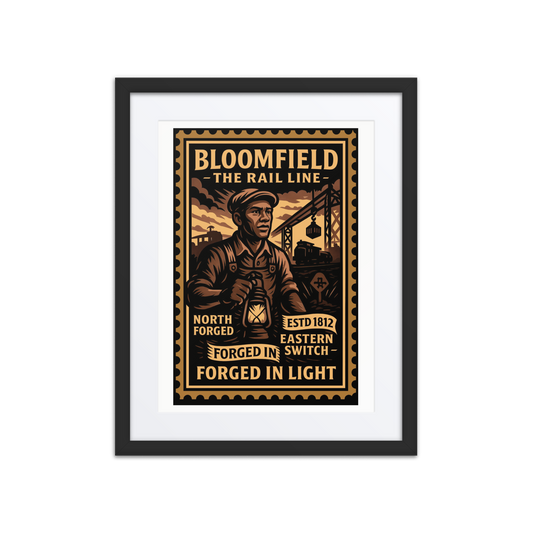 Vintage linocut-style print of a Bloomfield machinist operating a lathe, surrounded by flames and factory silhouettes.