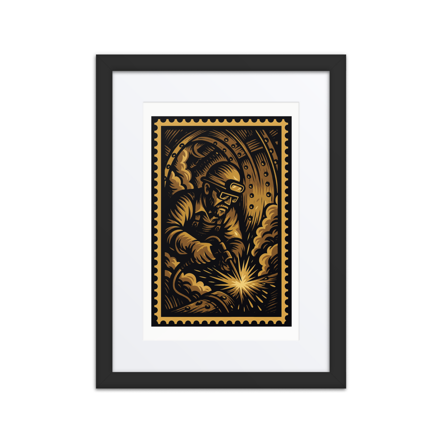 boilermaker, welder, ironbound, industrial art, linocut print, vintage worker, steamfitter, welding poster, tradesman, blue collar, american industry, boiler room, working class, rivets, industrial illustration, NJ trades, heritage labor art