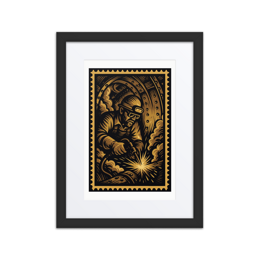 boilermaker, welder, ironbound, industrial art, linocut print, vintage worker, steamfitter, welding poster, tradesman, blue collar, american industry, boiler room, working class, rivets, industrial illustration, NJ trades, heritage labor art