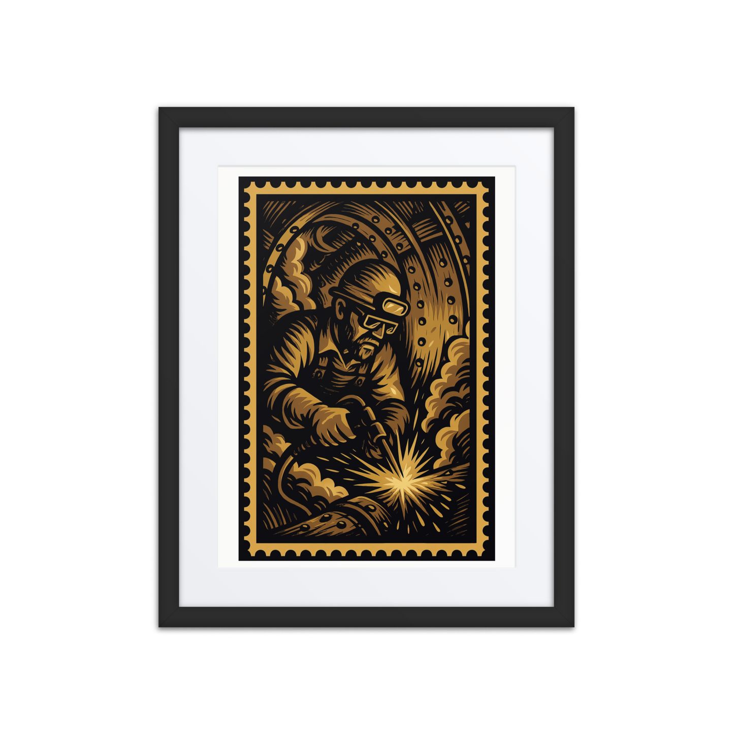 boilermaker, welder, ironbound, industrial art, linocut print, vintage worker, steamfitter, welding poster, tradesman, blue collar, american industry, boiler room, working class, rivets, industrial illustration, NJ trades, heritage labor art