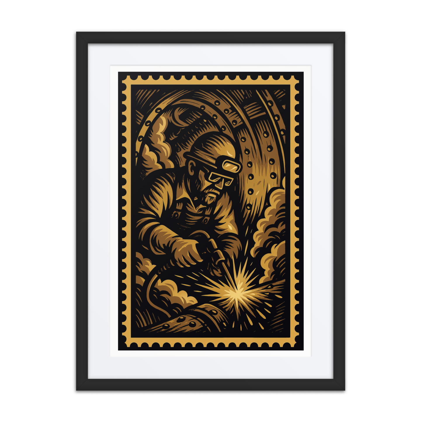 boilermaker, welder, ironbound, industrial art, linocut print, vintage worker, steamfitter, welding poster, tradesman, blue collar, american industry, boiler room, working class, rivets, industrial illustration, NJ trades, heritage labor art