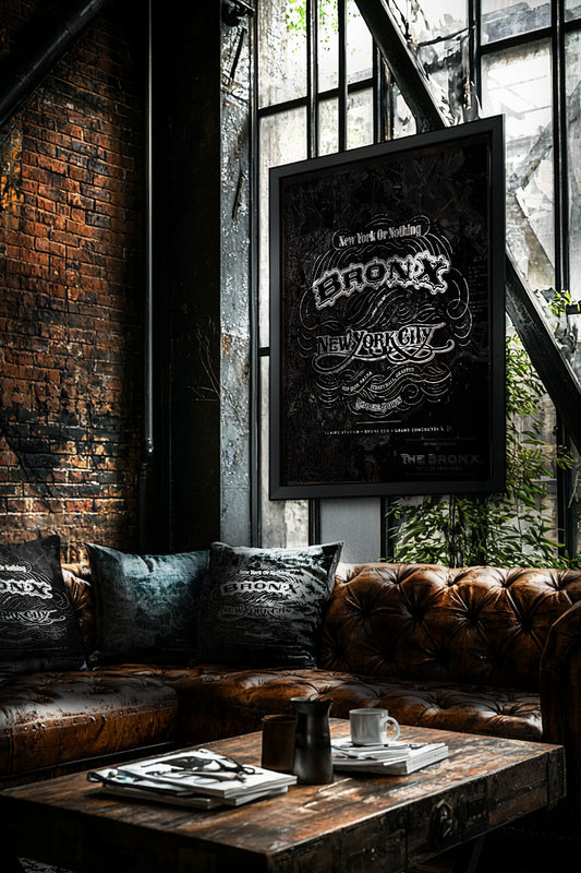 NYC Cartouche design on framed print and pillows in a New York loft interior, featuring “New York City” and “Five Boroughs” typography over a vintage map background.
