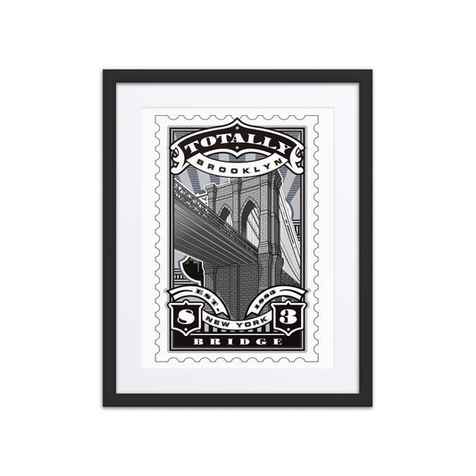 Brooklyn Bridge stamp-style artwork in black and white, featuring bold gothic arches and steel cable details.