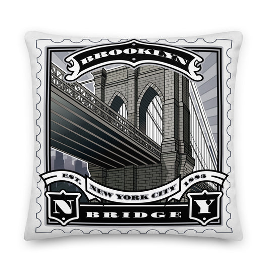 Brooklyn Bridge Throw Pillow featuring monochrome NYC stamp art design