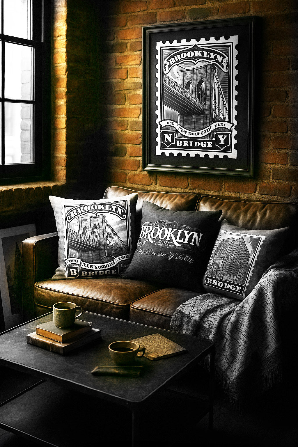 Brooklyn Bridge Landmark Stamp Art Holiday Bundle with framed print, graphic pillow, tote bag, and archival black and white photo displayed in an urban studio setting, highlighting the architectural beauty and typography of the Brooklyn Bridge.