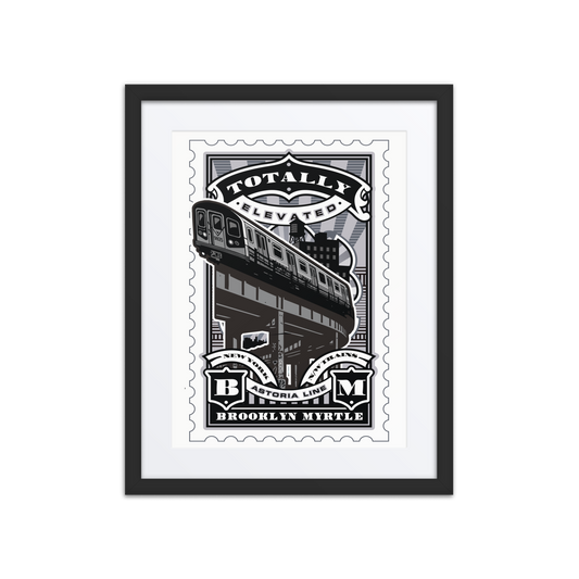 Linocut-style stamp artwork of the historic Brooklyn Myrtle Avenue Elevated Train line, in black ink with vintage border and archival detail.