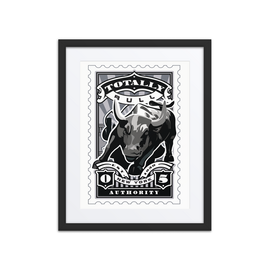 Linocut-style black and white stamp illustration of the Wall Street Bull, symbol of New York’s Financial District, historic guerrilla art icon from 1989