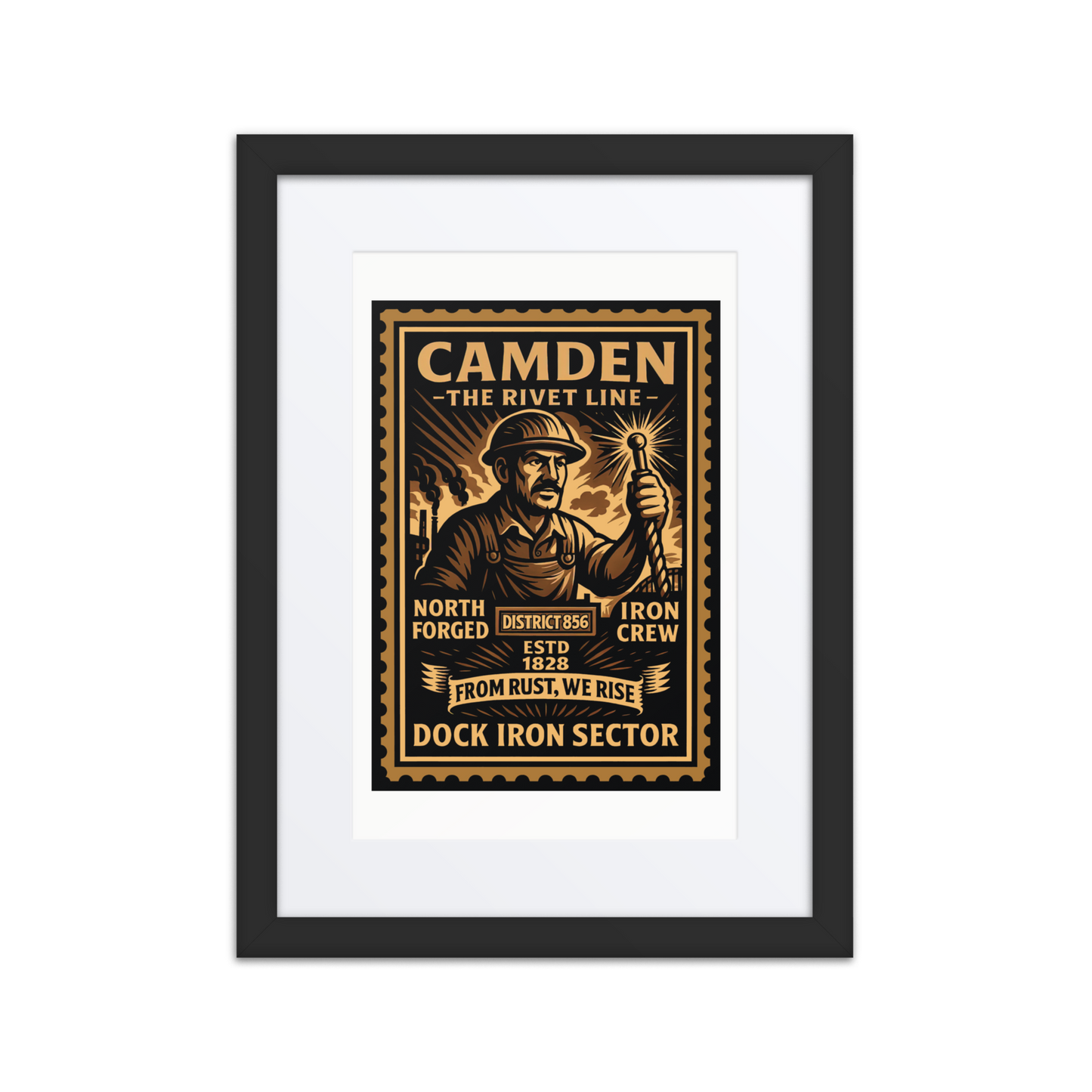 Linocut-style print of a Camden rail worker beside a freight train and smokestacks, with vintage industrial textures and stamped text.