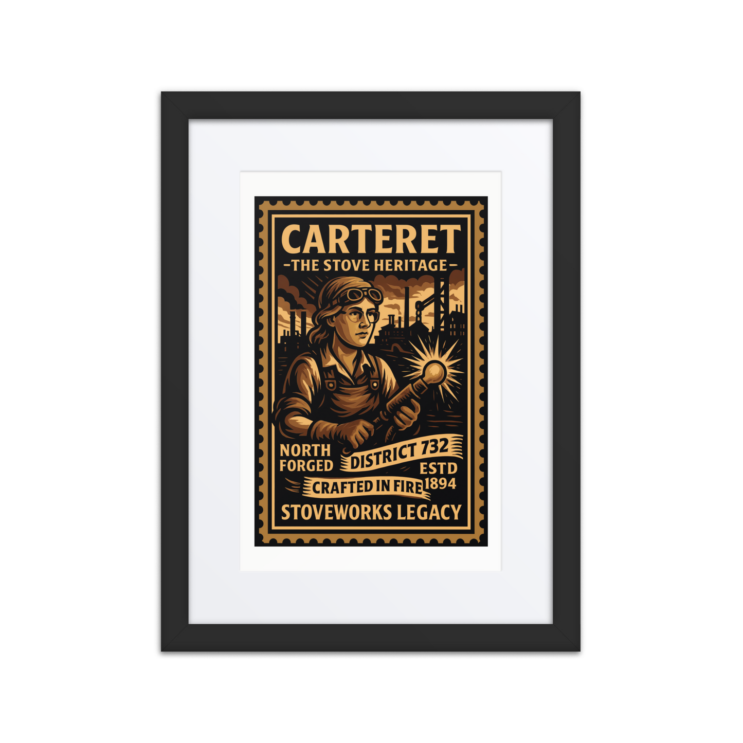 Vintage linocut-style print of a Carteret refinery worker with fuel tanks, pipelines, and smokestacks in the background, captured in warm industrial tones.