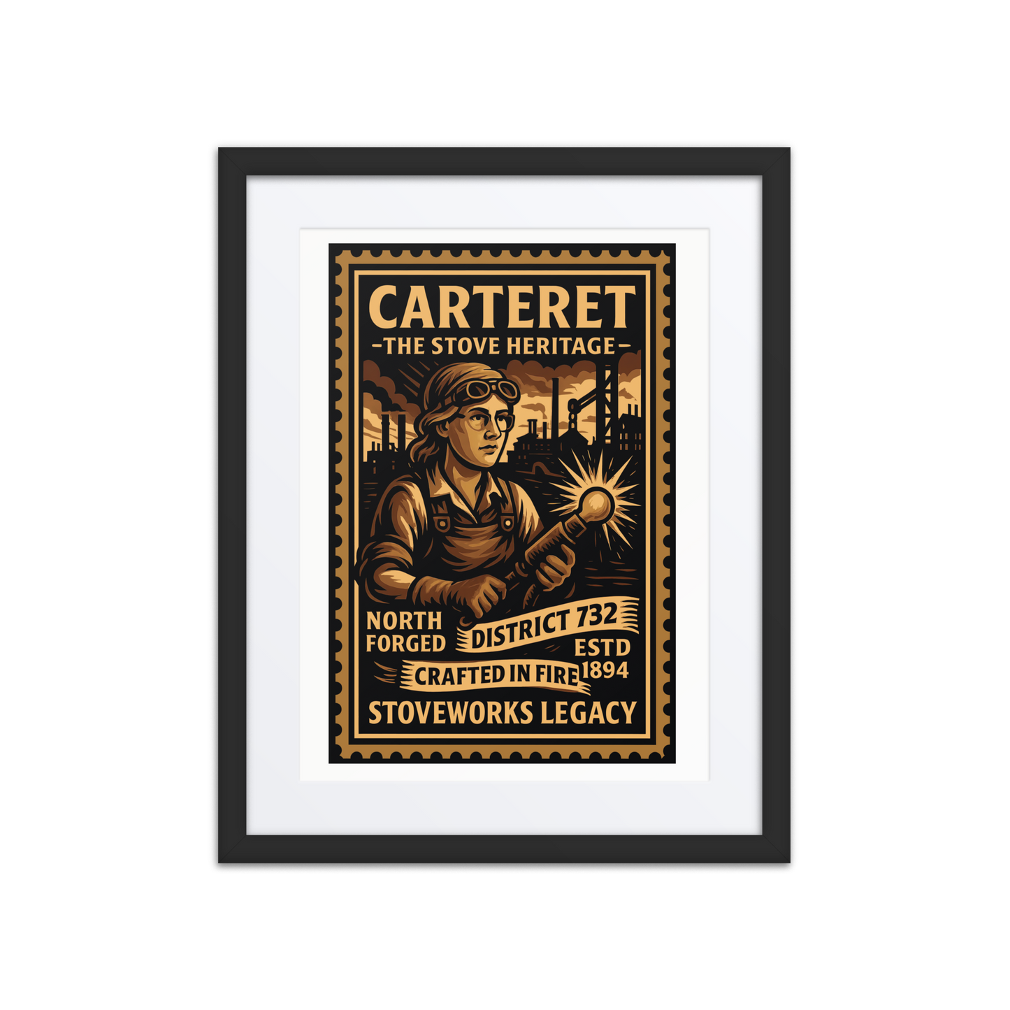 Vintage linocut-style print of a Carteret refinery worker with fuel tanks, pipelines, and smokestacks in the background, captured in warm industrial tones.