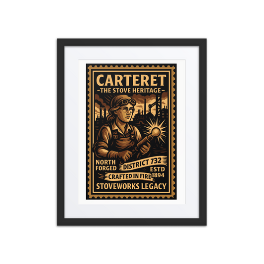 Vintage linocut-style print of a Carteret refinery worker with fuel tanks, pipelines, and smokestacks in the background, captured in warm industrial tones.