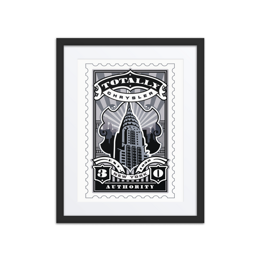 Chrysler Building stamp-style art print in black and white featuring iconic NYC skyscraper.