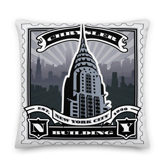 Chrysler Building black and white throw pillow with NYC stamp art design