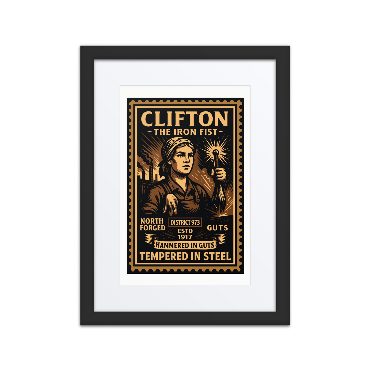 Linocut-style print of a Clifton factory worker gripping a large wrench with gears, sparks, and steel infrastructure in the background.