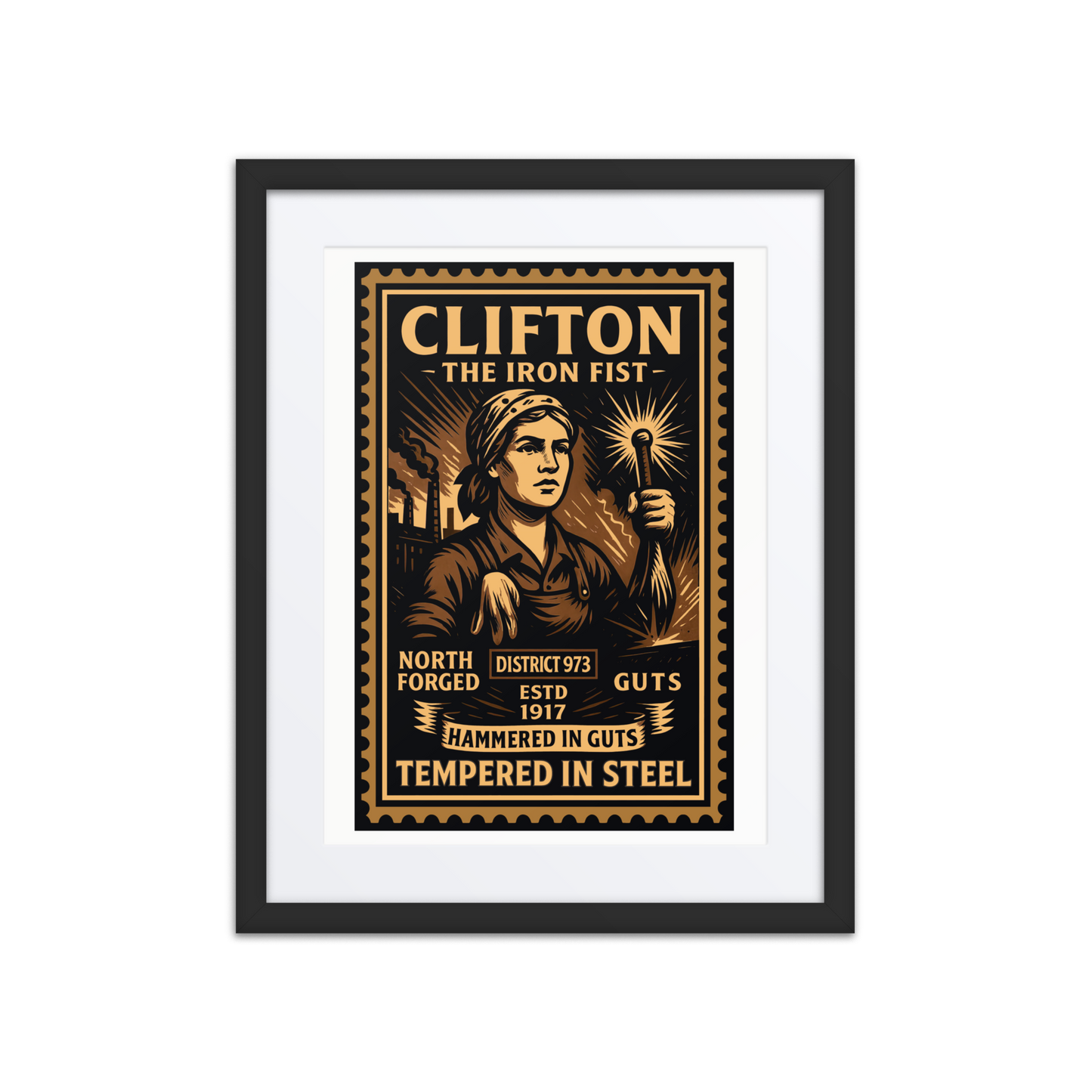 Linocut-style print of a Clifton factory worker gripping a large wrench with gears, sparks, and steel infrastructure in the background.