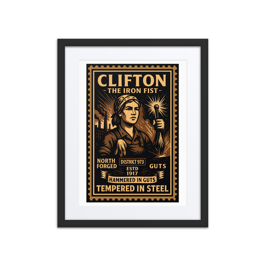 Linocut-style print of a Clifton factory worker gripping a large wrench with gears, sparks, and steel infrastructure in the background.