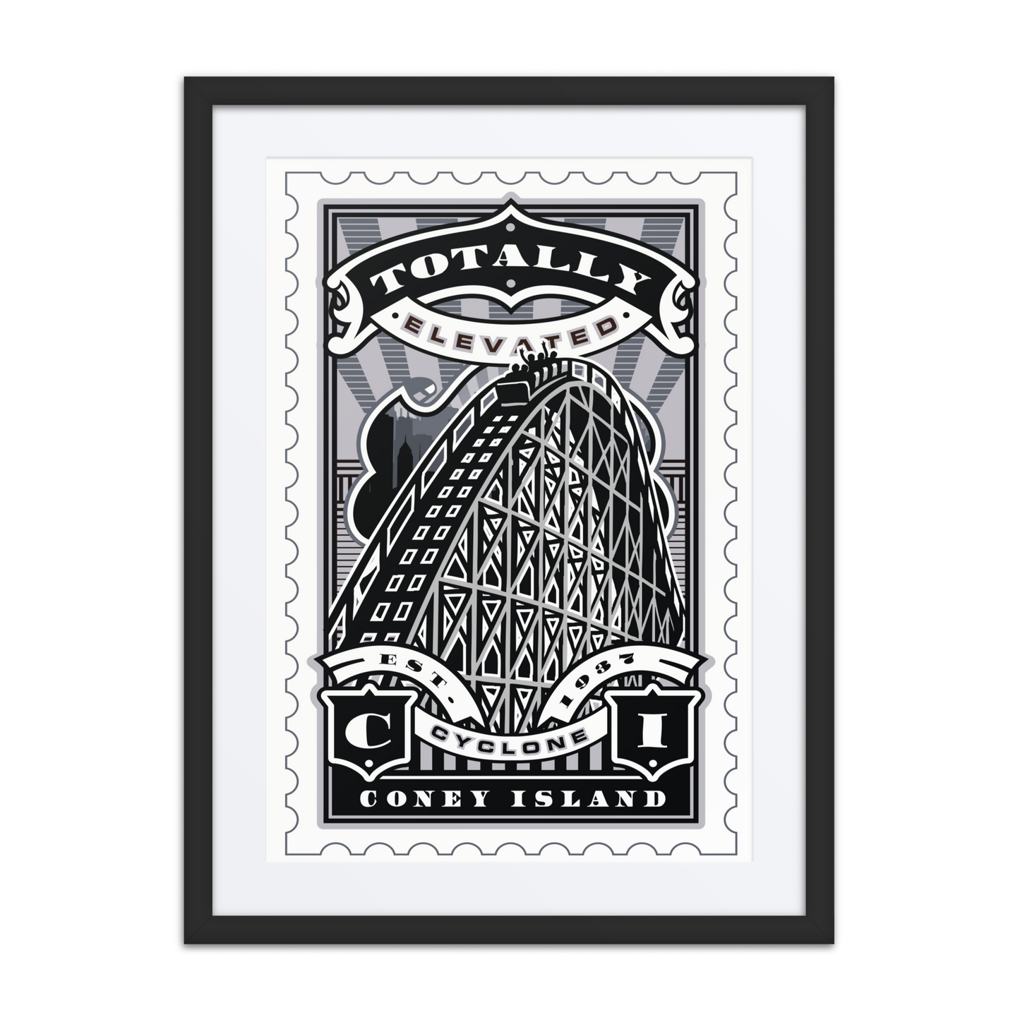 Linocut-style stamp art of the Coney Island Cyclone, New York’s historic wooden roller coaster, in a vintage carnival setting.