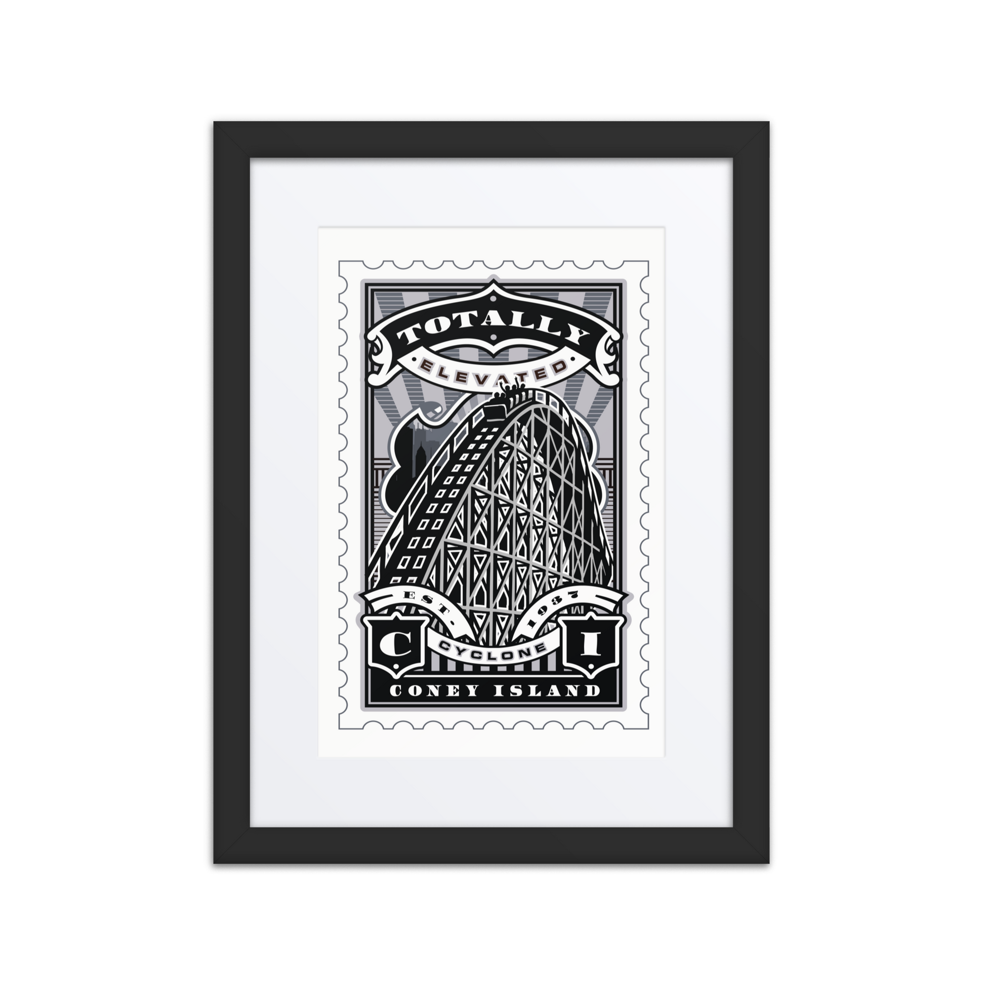 Linocut-style stamp art of the Coney Island Cyclone, New York’s historic wooden roller coaster, in a vintage carnival setting.