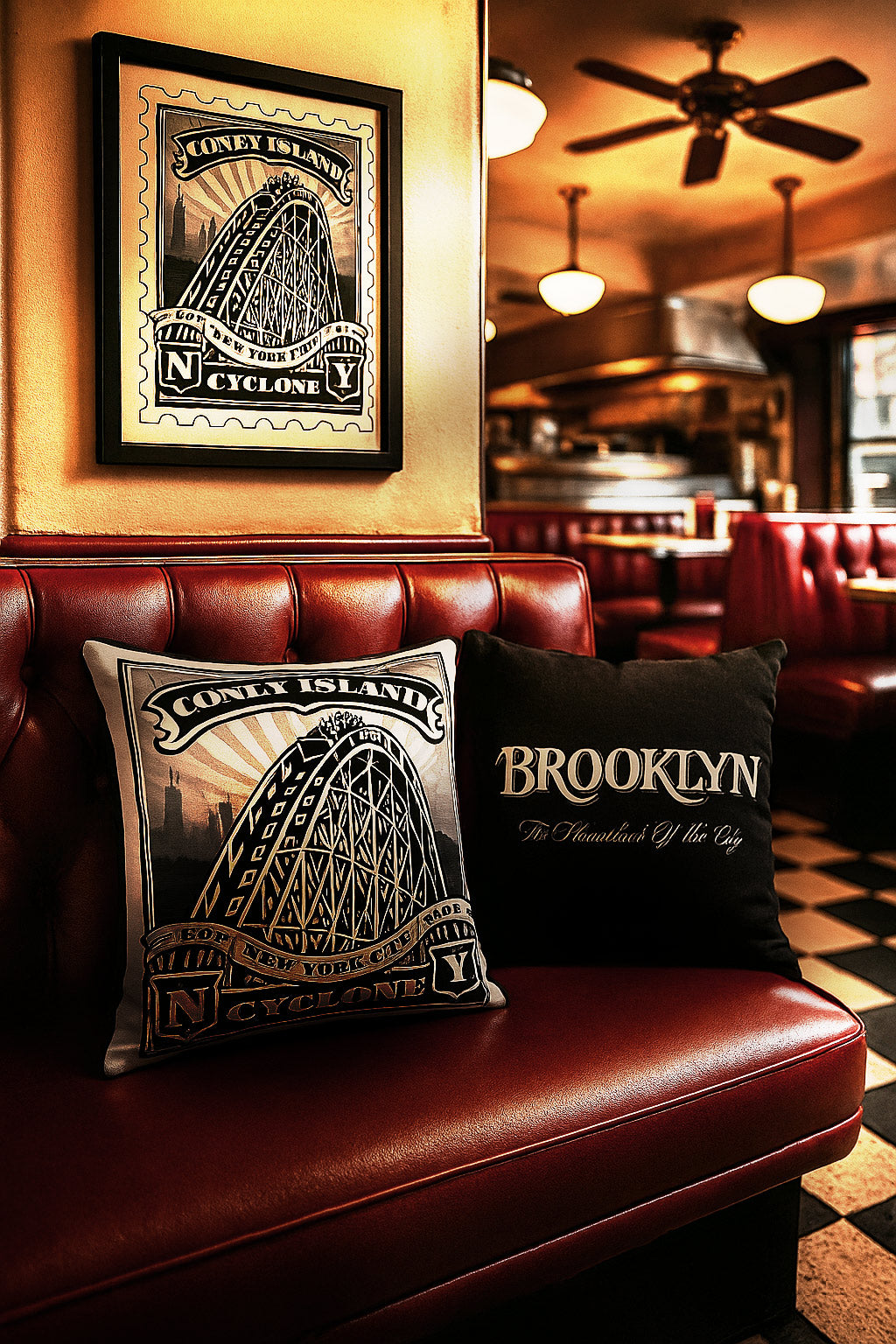 Coney Island Landmark Holiday Bundle featuring framed stamp art print, matching throw pillow, and tote displayed in a bright, coastal-inspired setting, evoking the energy and nostalgia of Brooklyn’s Coney Island.