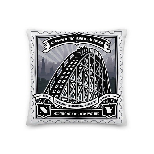 Throw pillow featuring vintage black-and-white stamp art of the Coney Island Cyclone roller coaster in Brooklyn, NYC.