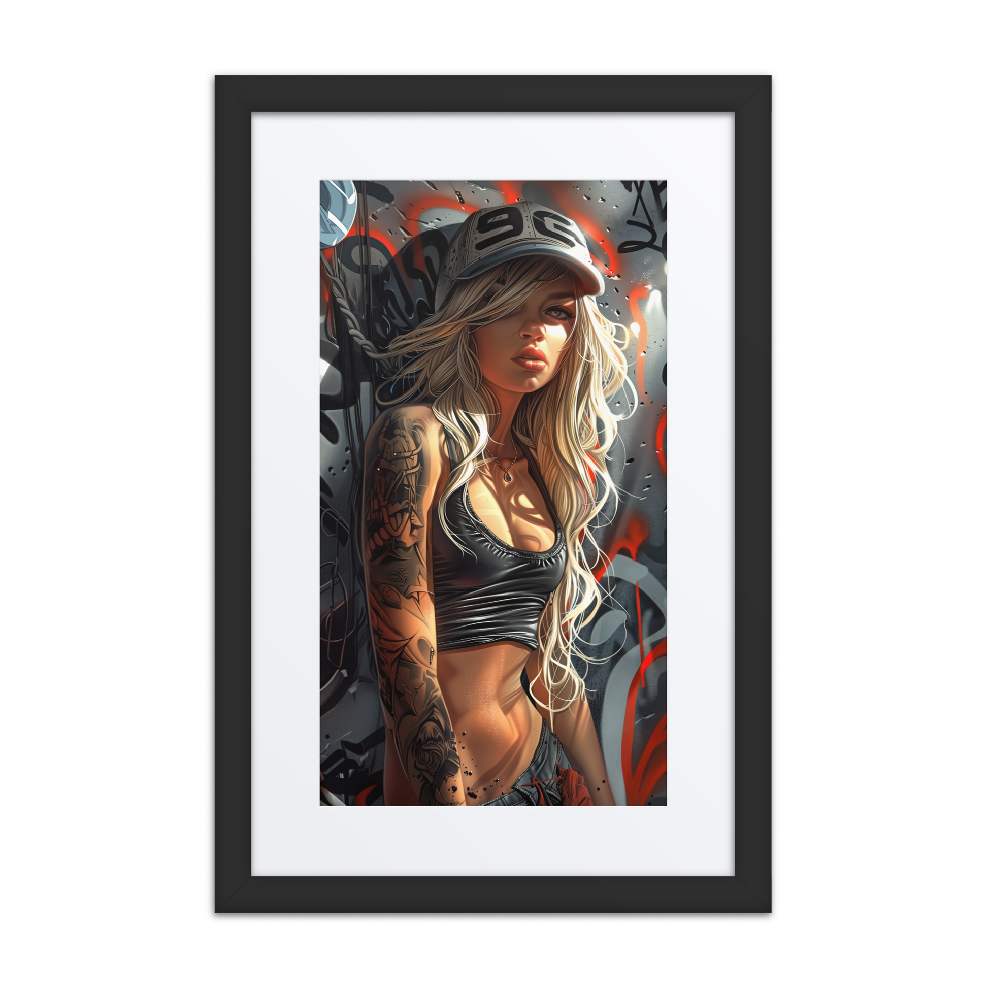 Framed street art print of a tattooed blonde woman in a black crop top and cap, standing against a graffiti-covered alley wall with barbed wire in the background