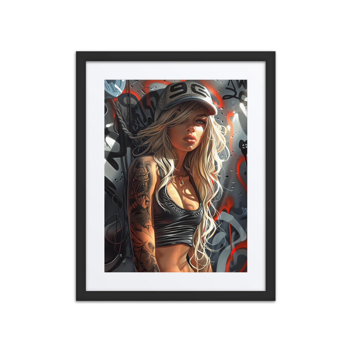 Framed street art print of a tattooed blonde woman in a black crop top and cap, standing against a graffiti-covered alley wall with barbed wire in the background