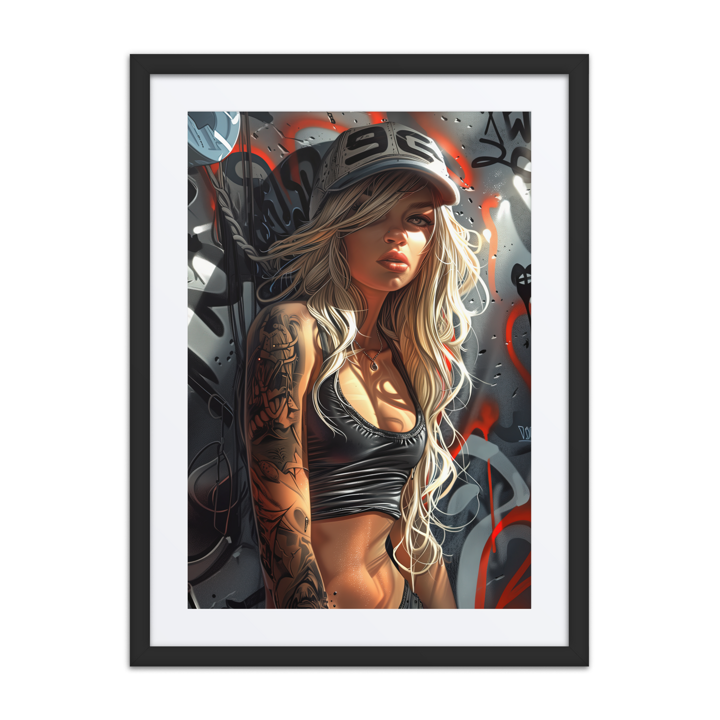 Framed street art print of a tattooed blonde woman in a black crop top and cap, standing against a graffiti-covered alley wall with barbed wire in the background