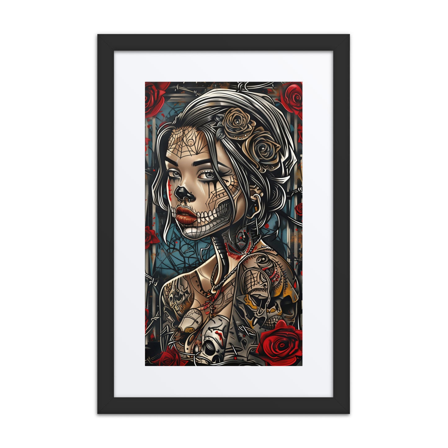Woman with sugar skull makeup and floral tattoos, surrounded by red roses and barbed wire, blending cybernetic details with Day of the Dead aesthetics.