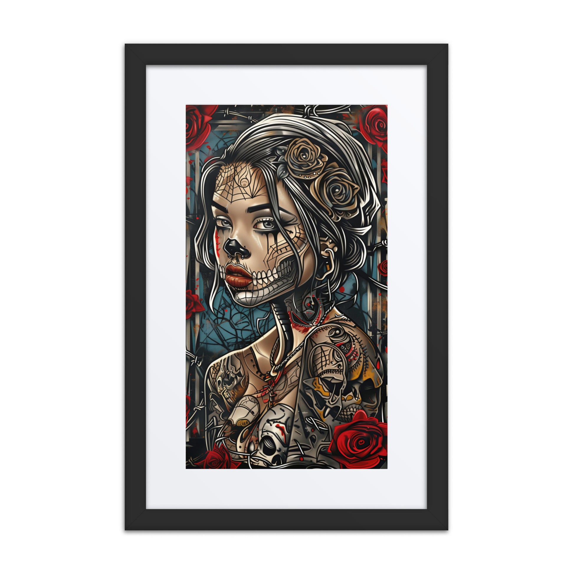 Woman with sugar skull makeup and floral tattoos, surrounded by red roses and barbed wire, blending cybernetic details with Day of the Dead aesthetics.