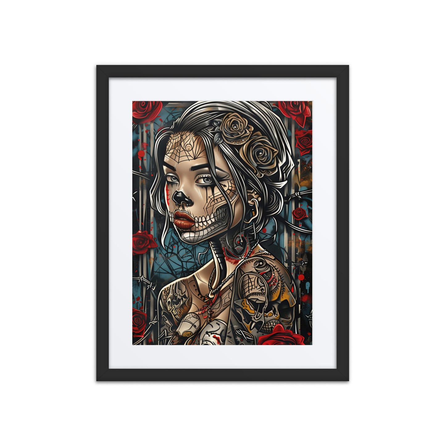 Woman with sugar skull makeup and floral tattoos, surrounded by red roses and barbed wire, blending cybernetic details with Day of the Dead aesthetics.