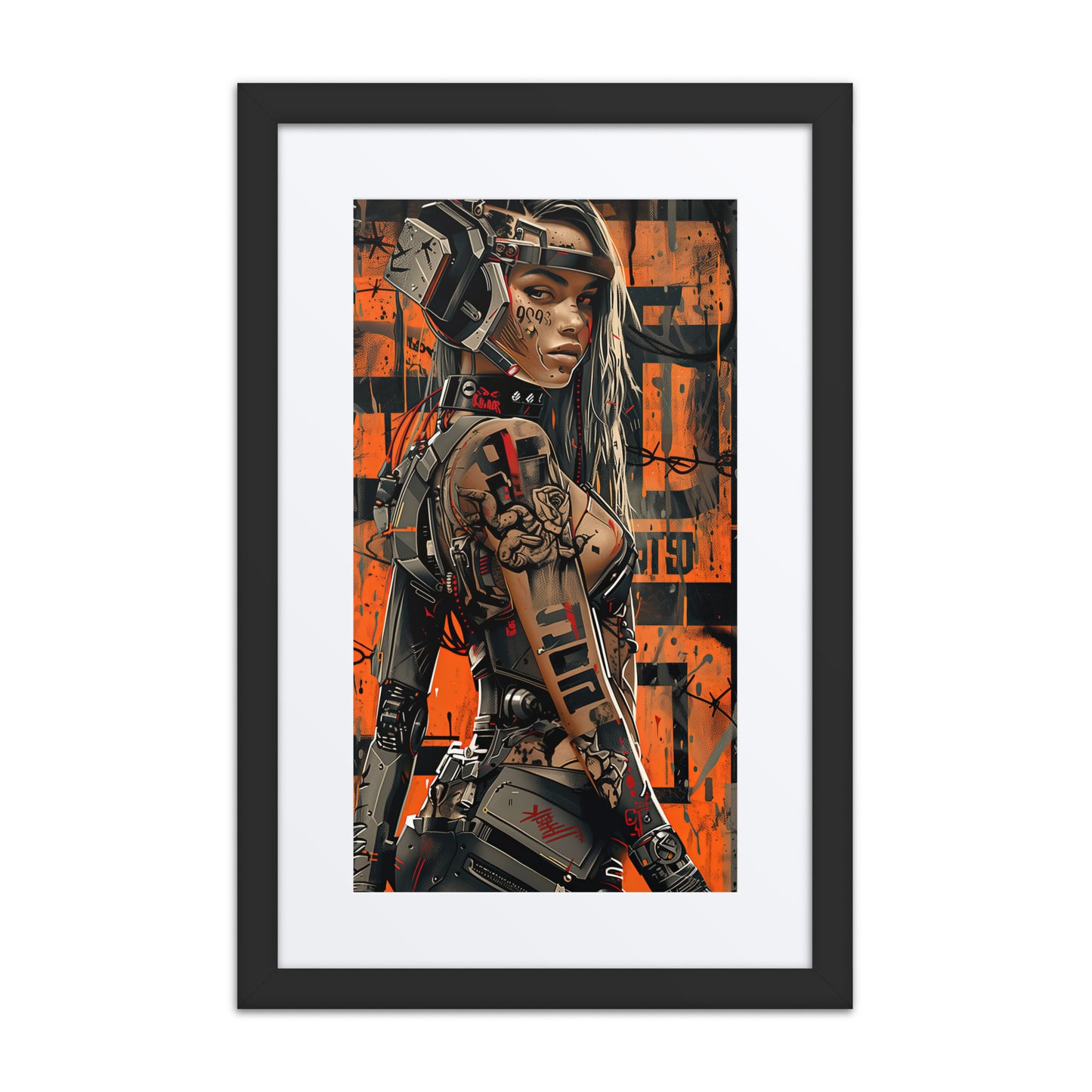 Cybernaut framed print of Doc, Operative No. 10 – female combat medic with trauma gear, injectors, and a glowing med-rig in battlefield shadows.