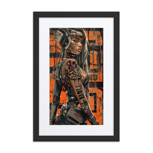 Cybernaut framed print of Doc, Operative No. 10 – female combat medic with trauma gear, injectors, and a glowing med-rig in battlefield shadows.