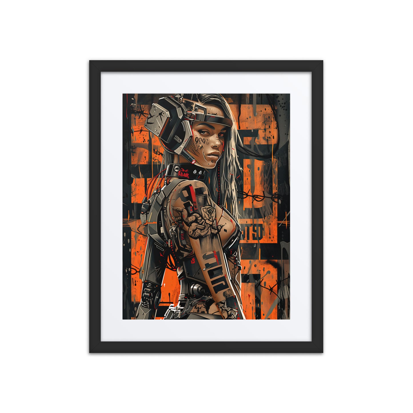 Cybernaut framed print of Doc, Operative No. 10 – female combat medic with trauma gear, injectors, and a glowing med-rig in battlefield shadows.