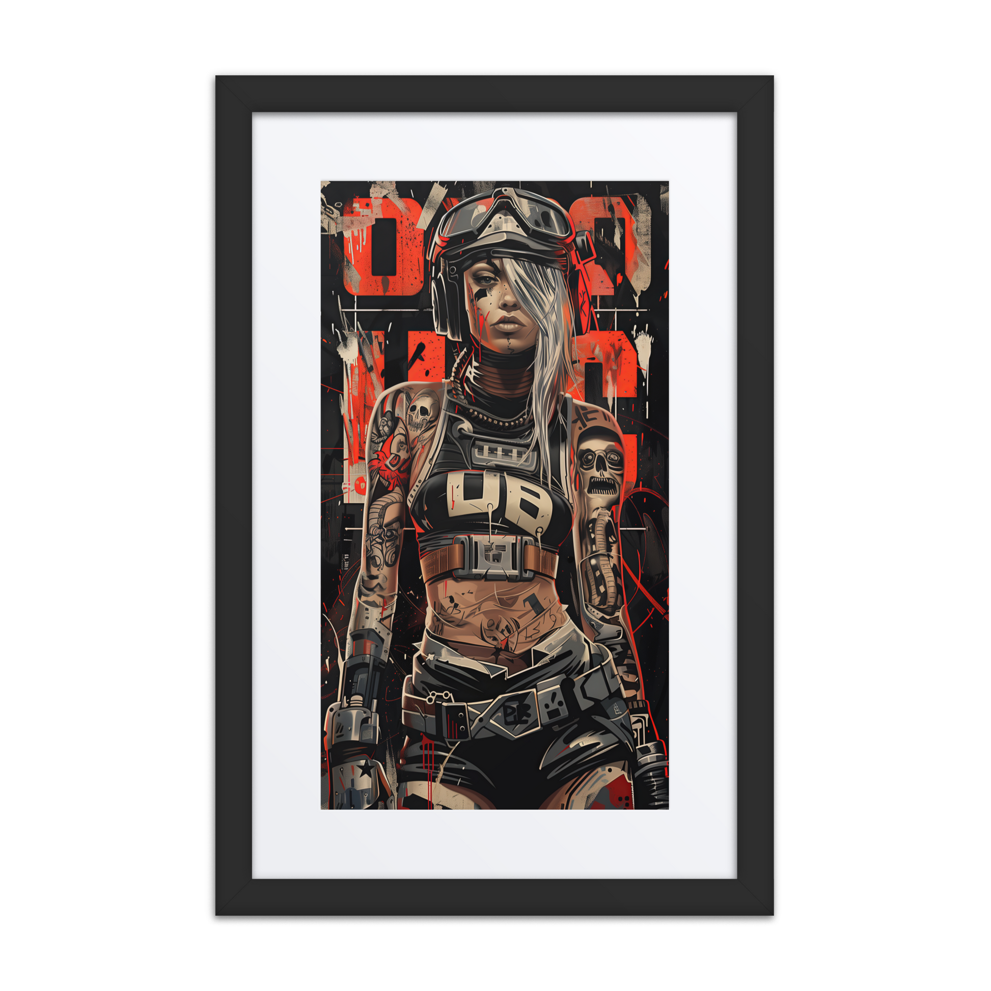 Cybernaut framed print of Glitch, Operative No. 04 – a female signal saboteur with cybernetic implants, standing in a corrupted tech grid.
