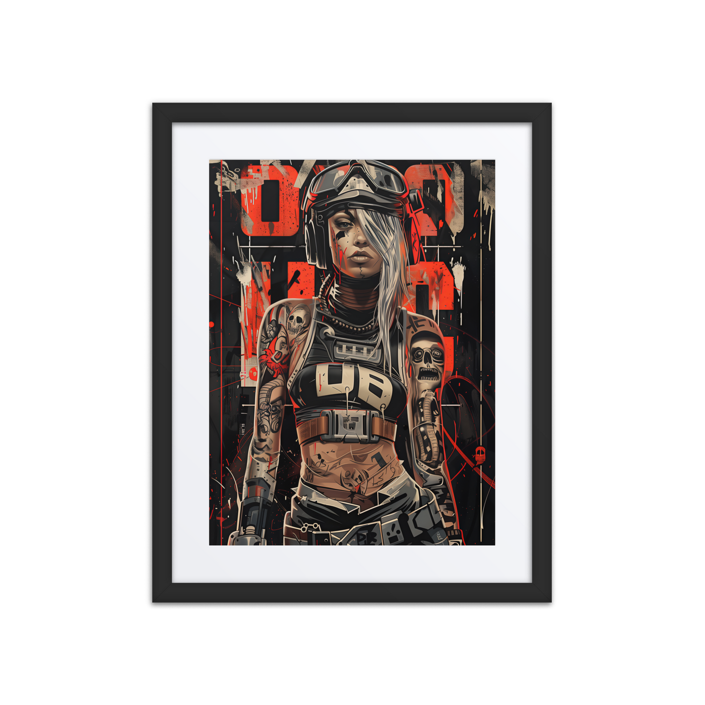Cybernaut framed print of Glitch, Operative No. 04 – a female signal saboteur with cybernetic implants, standing in a corrupted tech grid.