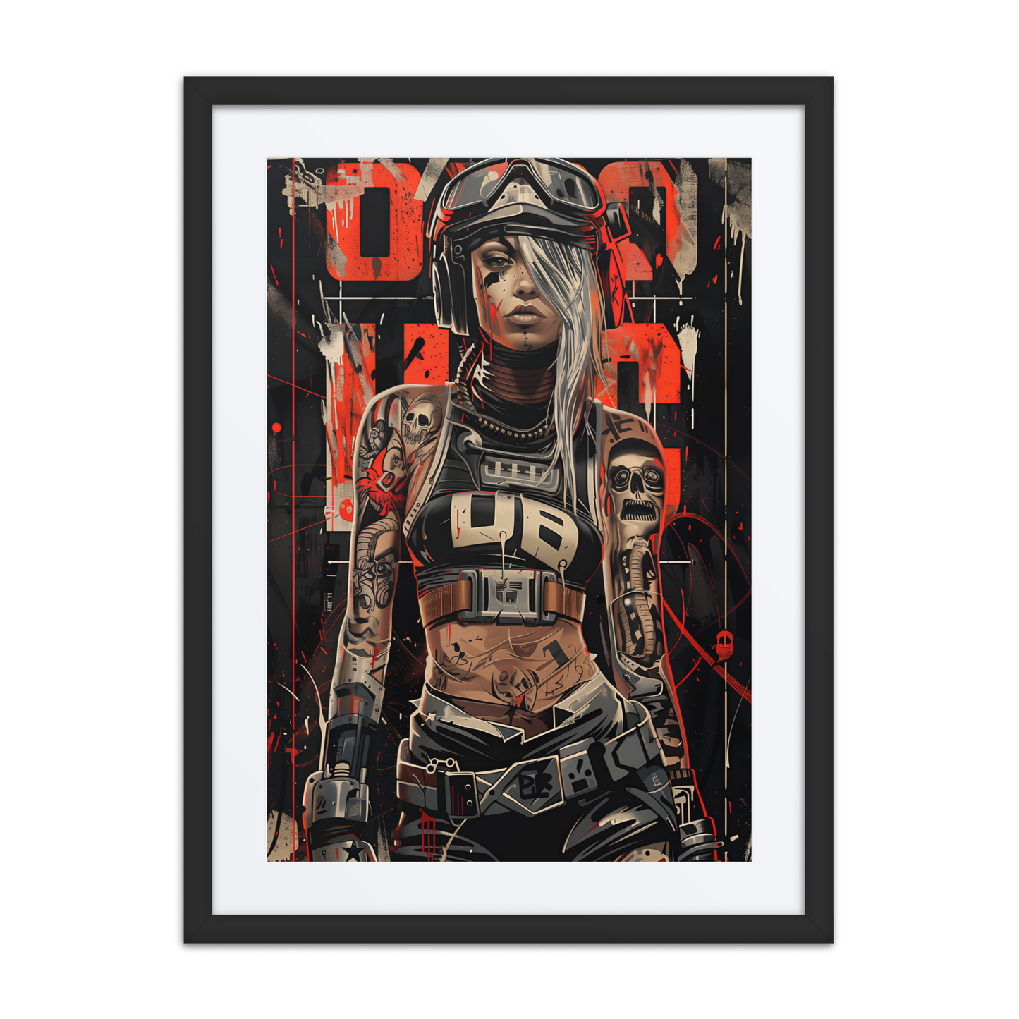 Cybernaut framed print of Glitch, Operative No. 04 – a female signal saboteur with cybernetic implants, standing in a corrupted tech grid.