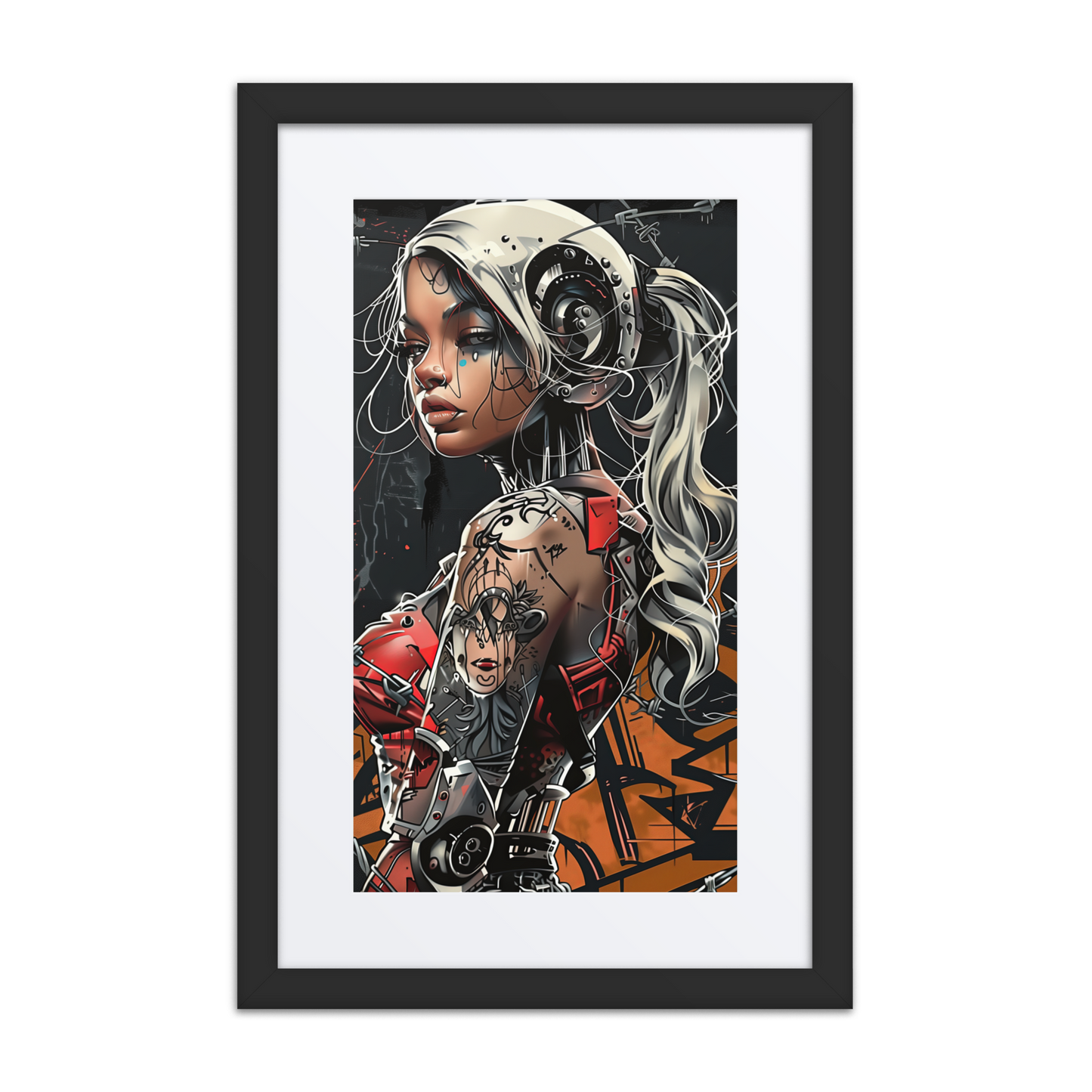 Cybernaut operative Riot surrounded by smoke and fire, wearing tactical gear and raising an ignited flare amidst a collapsing cityscape. Sparks fly in the background as his silhouette glows red.