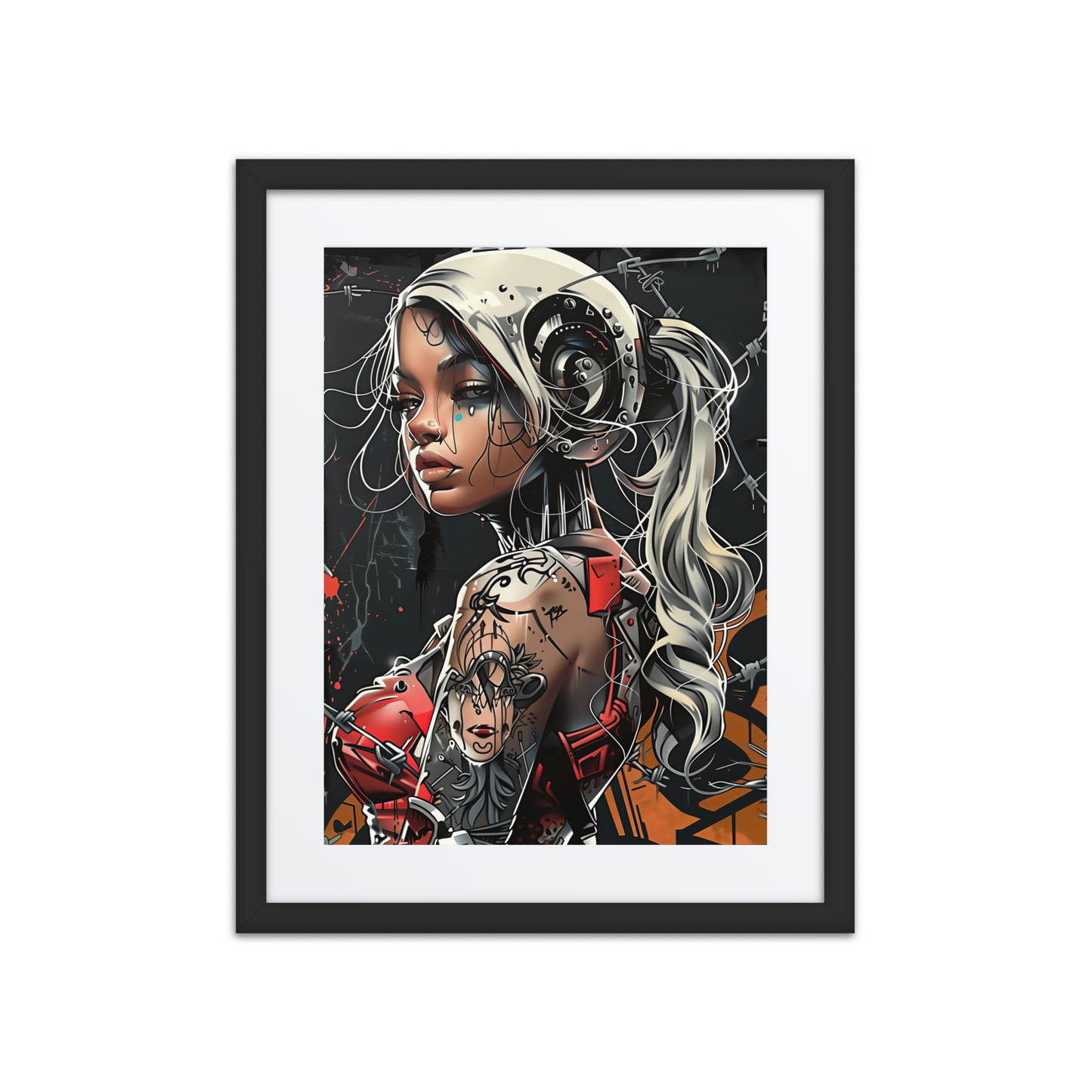 Cybernaut operative Riot surrounded by smoke and fire, wearing tactical gear and raising an ignited flare amidst a collapsing cityscape. Sparks fly in the background as his silhouette glows red.