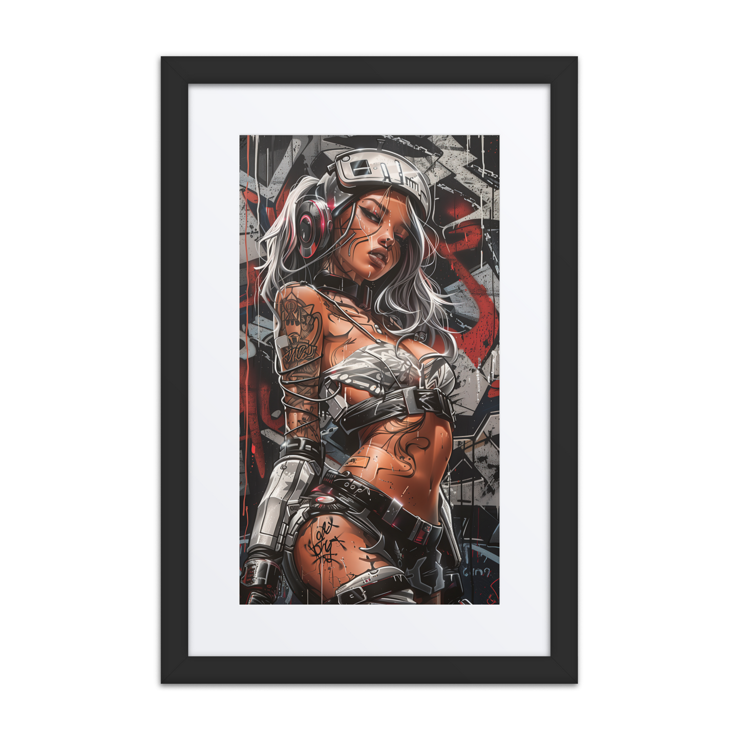 Cybernaut Series framed print of Scorch, Operative No. 02 – a female incendiary tactician in tactical armor, standing in a burned-out urban warzone.