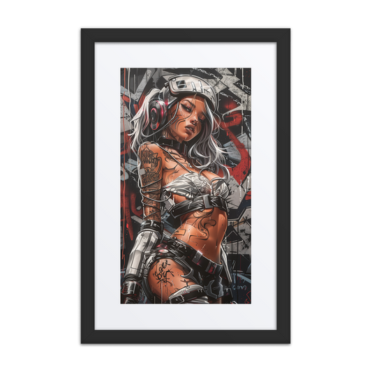 Cybernaut Series framed print of Scorch, Operative No. 02 – a female incendiary tactician in tactical armor, standing in a burned-out urban warzone.