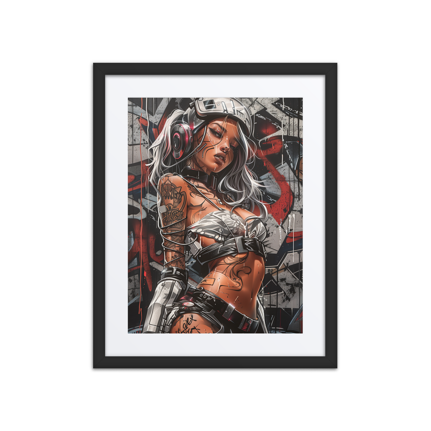 Cybernaut Series framed print of Scorch, Operative No. 02 – a female incendiary tactician in tactical armor, standing in a burned-out urban warzone.