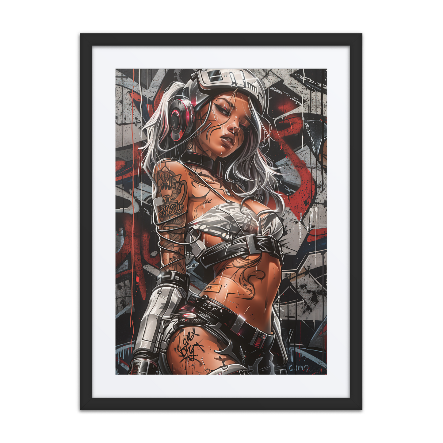 Cybernaut Series framed print of Scorch, Operative No. 02 – a female incendiary tactician in tactical armor, standing in a burned-out urban warzone.